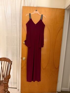 Ralph Lauren Burgundy Cold-Shoulder Evening Gown with Beaded Straps